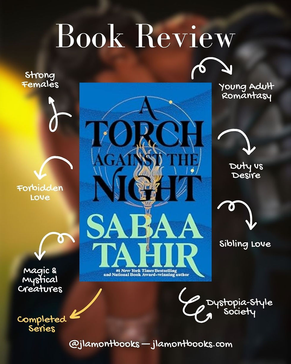 Book review titled "A Torch Against the Night" by Sabaa Tahir. Blue cover with themes like strong females and forbidden love. Text overlays.
