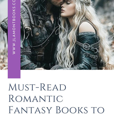 A couple embraces in fantasy attire against a misty background. Text: "Must-Read Romantic Fantasy Books to Add to Your List," URL on purple.
