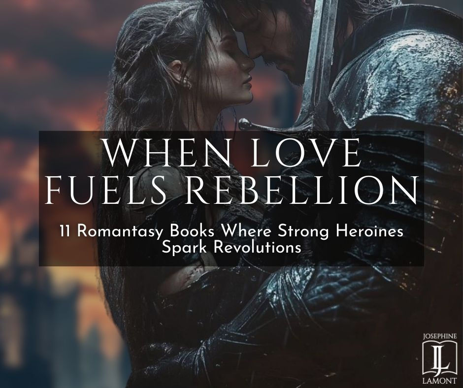 Two armored figures in a romantic embrace against a sunset. Text: "When Love Fuels Rebellion: 11 Romantasy Books Where Strong Heroines Spark Revolutions."