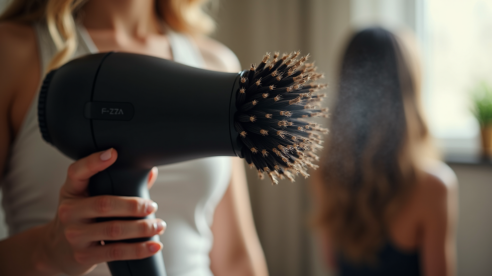 Close-up of a round brush and hair dryer in action