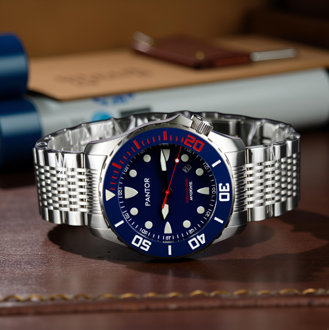 Eye-level view of a wrist wearing a dive watch with a blue dial and stainless steel bracelet