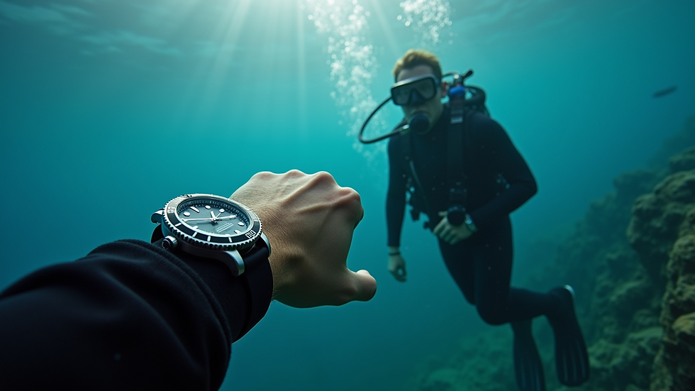 High angle view of a diver wearing a dive watch underwater