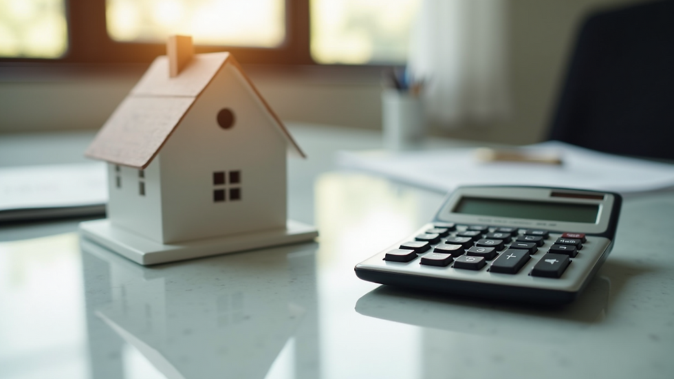 High angle view of a calculator and house model on a table