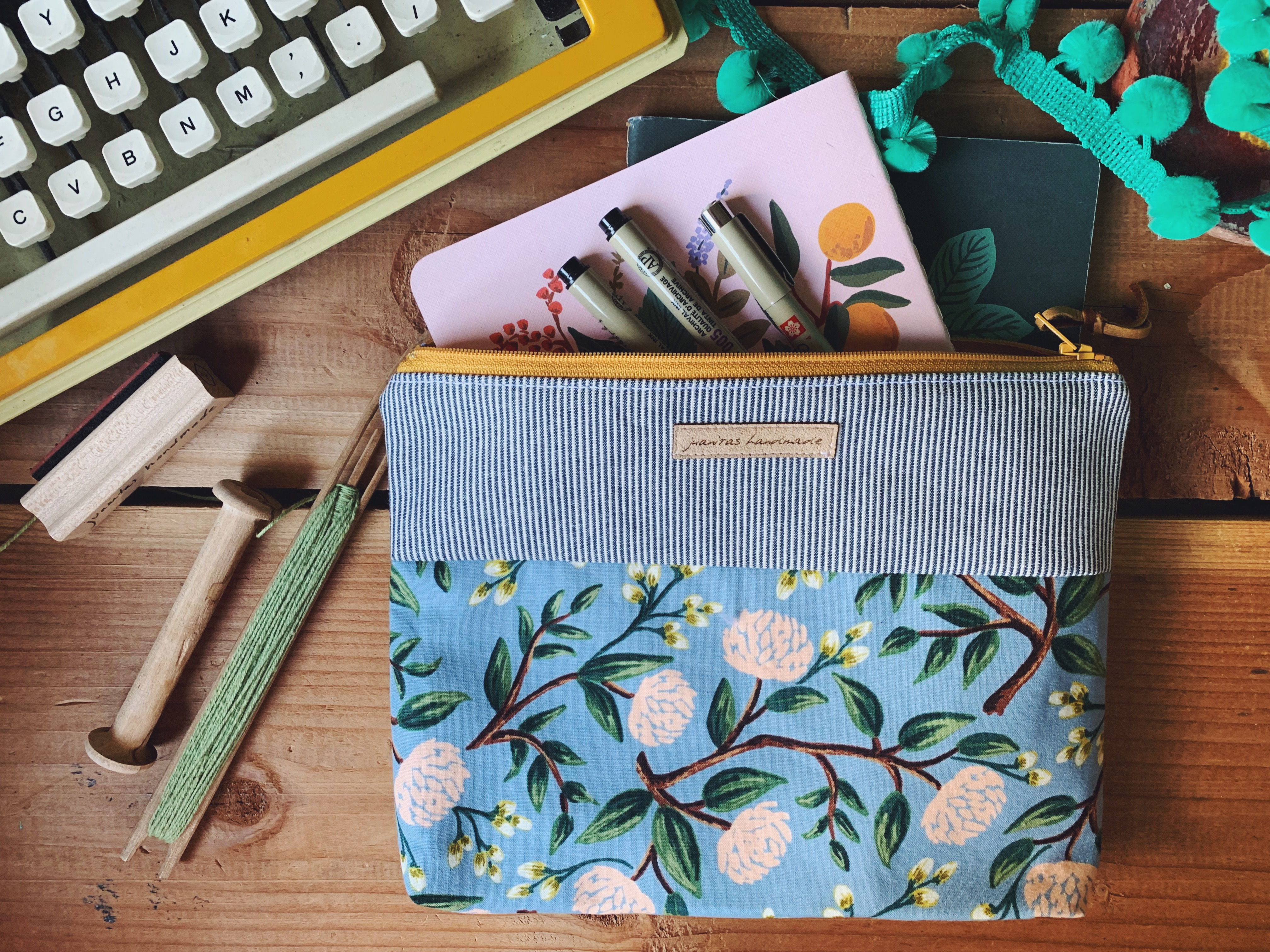 Blue Peonies- Yellow Zipper