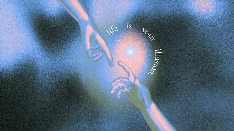 Een vinger wijst naar een illusie, geïnspireerd op Michelangelo's creatieve aanraking. 'Leef in jouw illusie' - een uitnodiging tot creativiteit en persoonlijke 