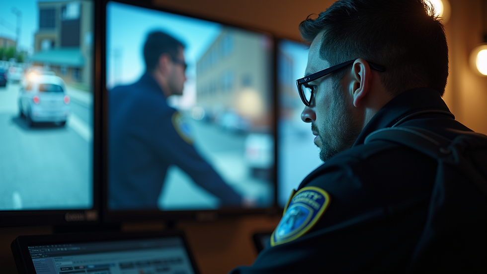 Close-up view of an armed security officer checking surveillance monitors in Clovis