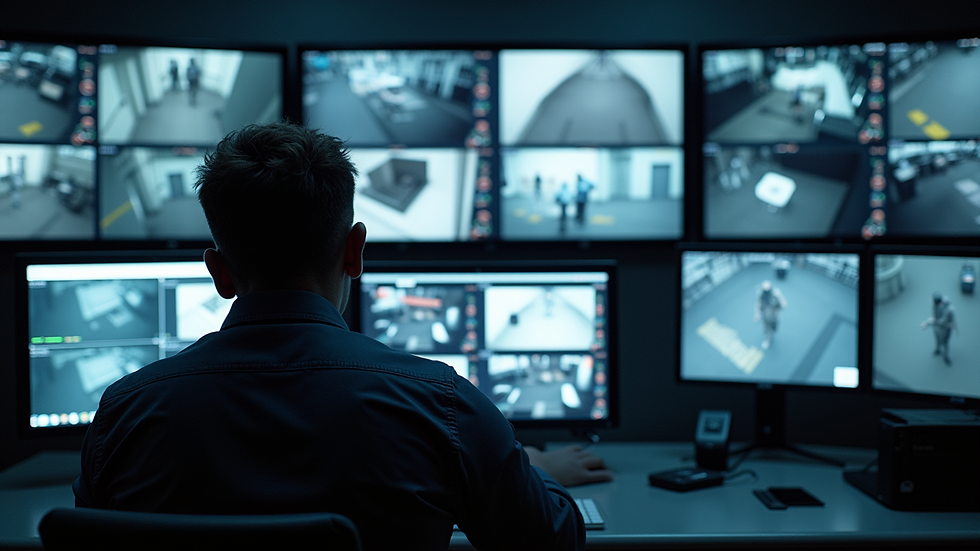 High angle view of a security control room with multiple monitors displaying surveillance footage