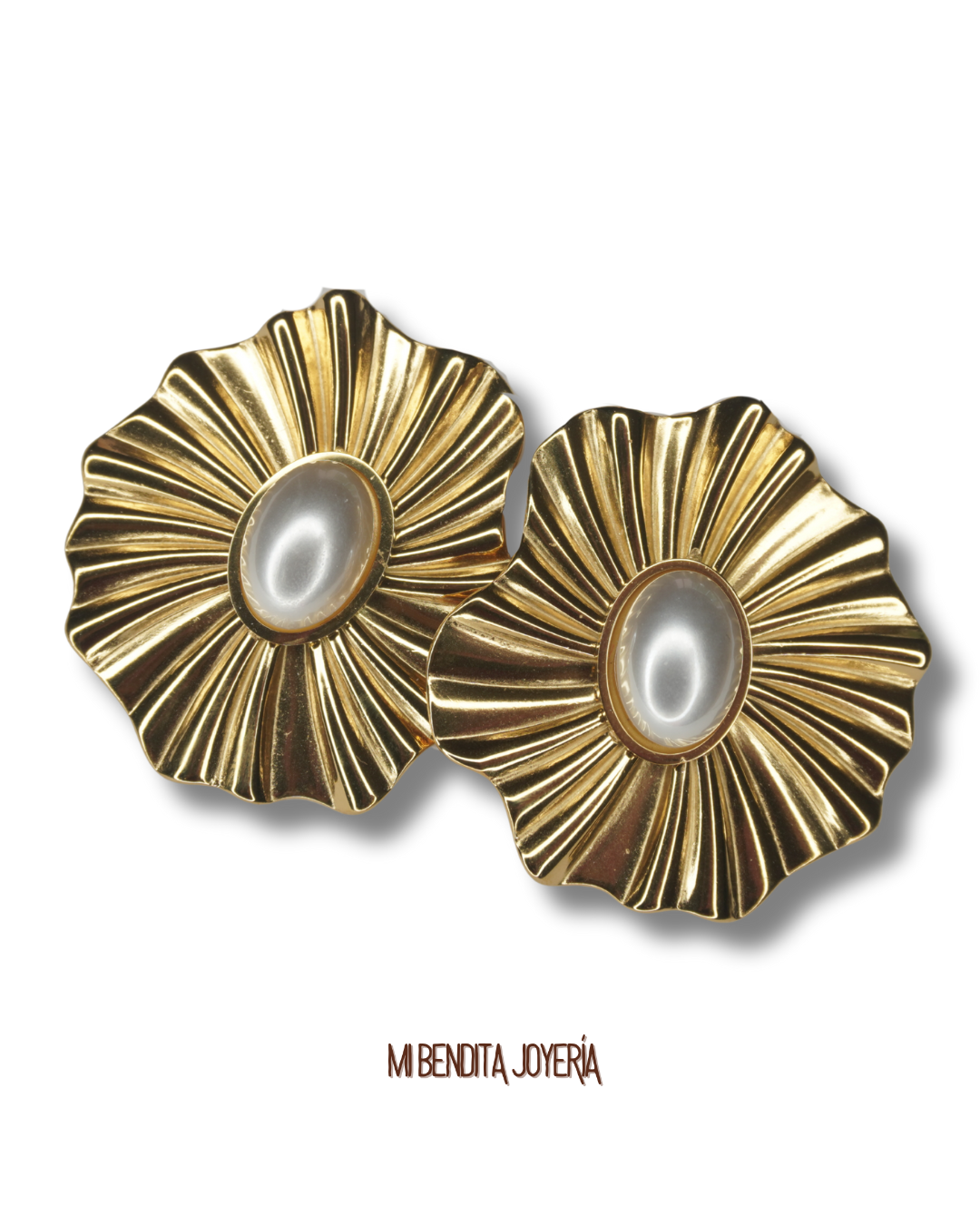 Aretes flor dorada con perla acero inoxidable