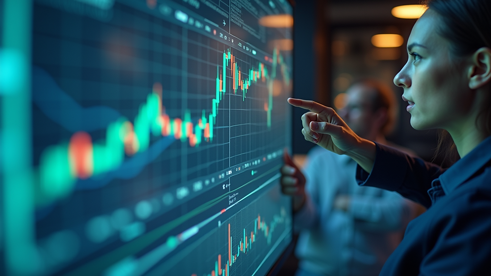 Eye-level view of a financial analyst reviewing cash flow data on a digital screen