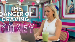Ainsley Micallef sitting in a cafe with the caption, The Danger of Craving Money