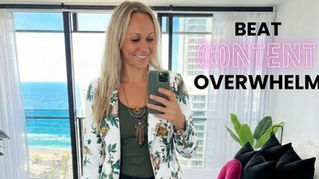 Ainsley Micallef in her apartment with the ocean in the background with the caption Beat Content Overwhelm