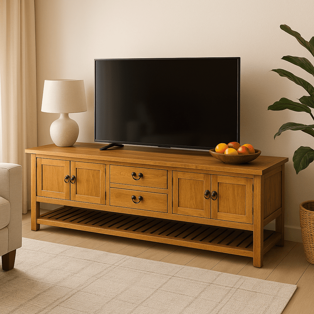 ארון טלוויזיה מעץ אלון עם טלוויזיה, פירות וצמח בסלון Firo Decor