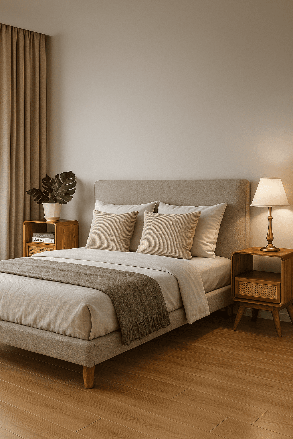 מיטה עם כריות וסדין לבן, מנורת לילה לצד, חדר שינה מעוצב. Firo Decor