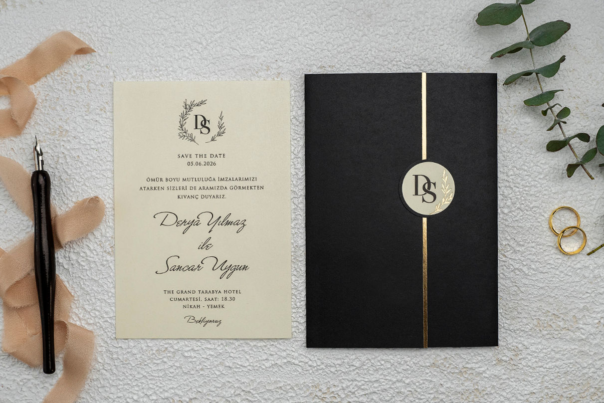 Elegant black and cream wedding invitation