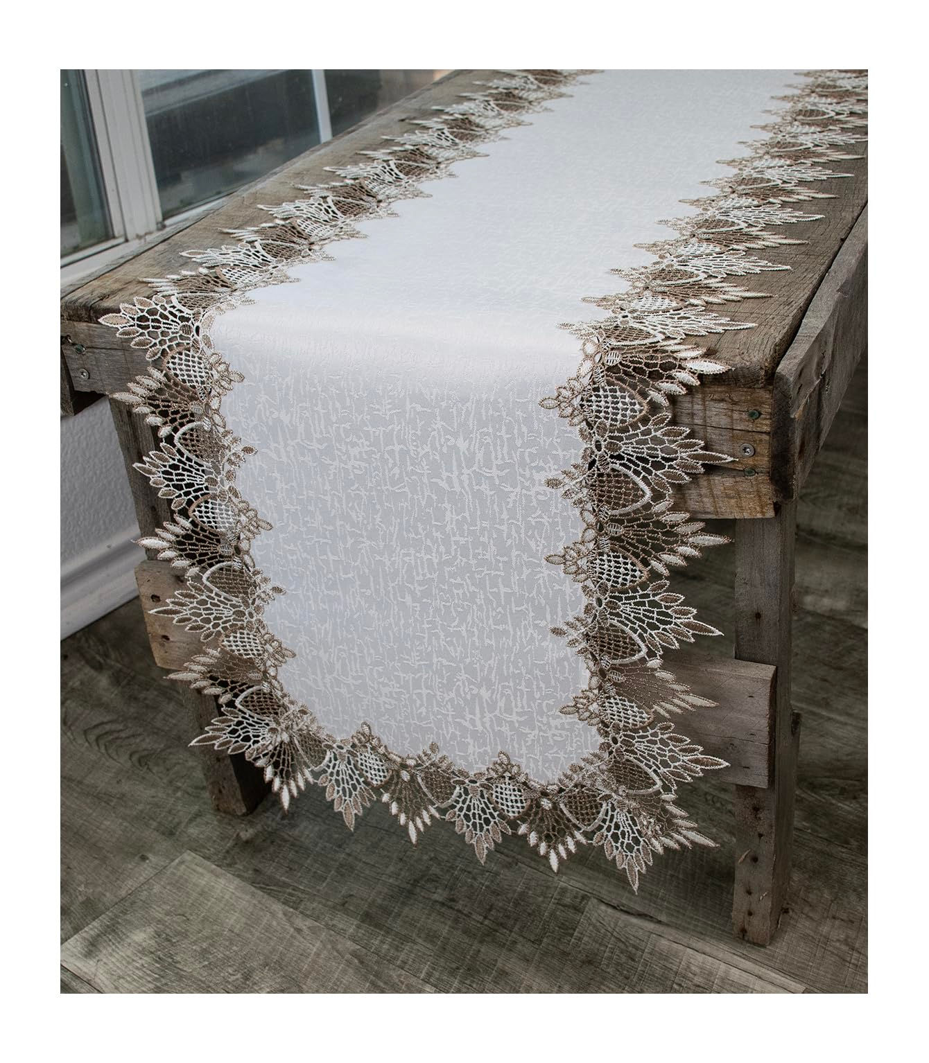 Lace Runner Neutral Earth Tones on White Jacquard Table Runner Dresser Scarf Cof