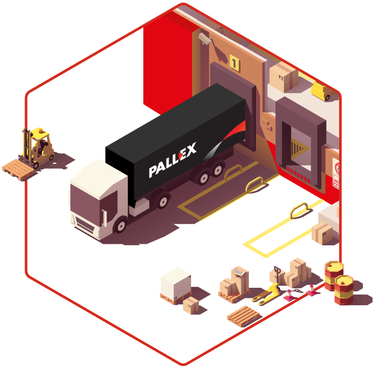 An isometric cartoon graphic of a lorry unloading pallets at a warehouse