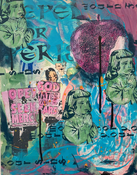 mixed media screen print, contemporary printmaking, screen print, religious art, collage, layers, tamucc, graduate student, ashley burnett