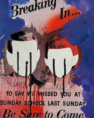 righteous indignation, wood panel, art on wood panel, mixed media printmaking, mixed media screen print, contemporary printmaking, sunday school art, tamucc, graduate student, ashley burnett