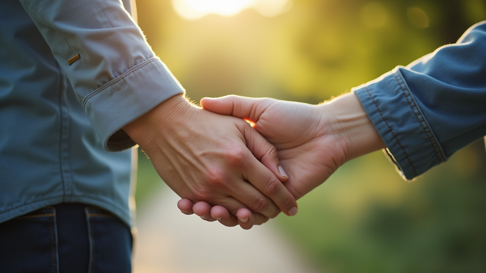 Close-up view of a caregiver’s hand holding a senior’s hand