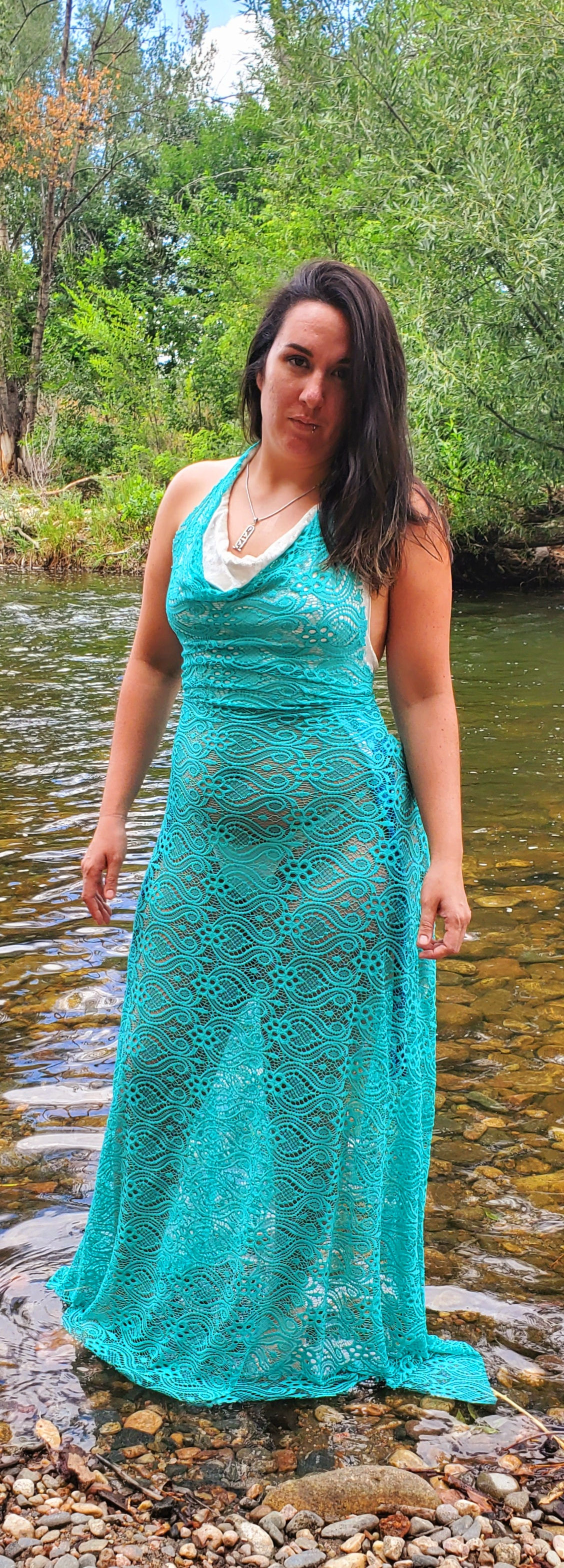 Blue Floral Mesh Gown