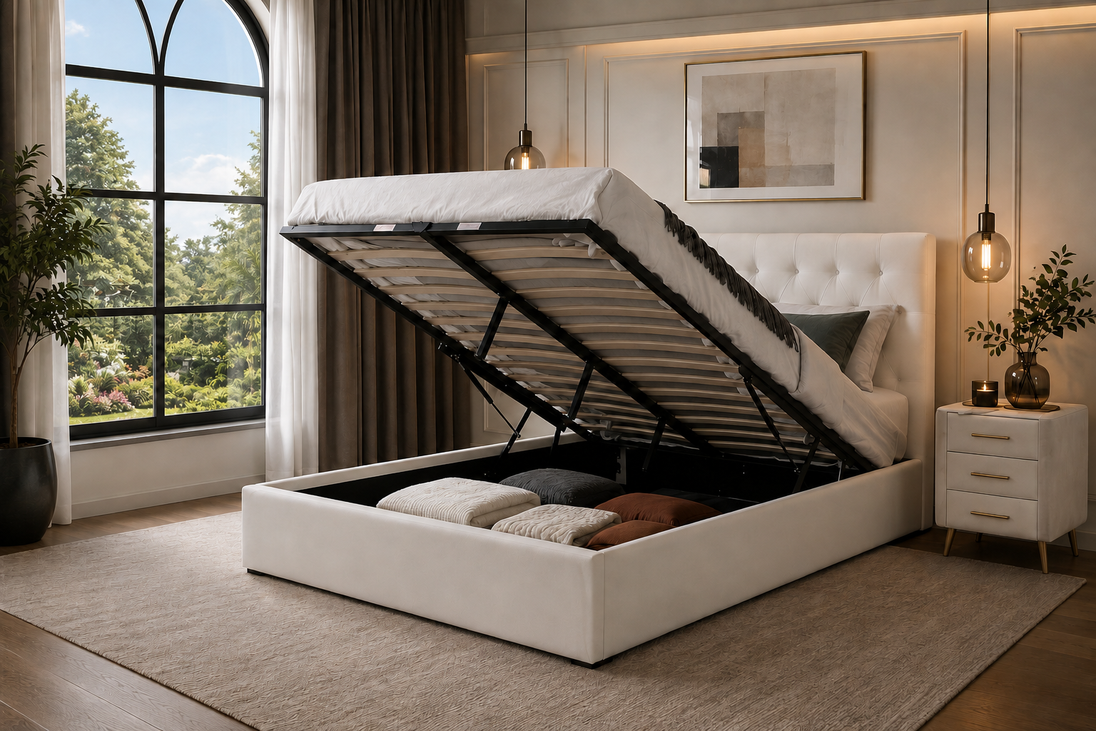 King Gas Lift Storage Oat Linen Bed Frame