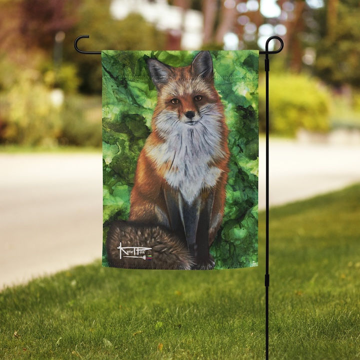 fox garden flag seasonal home decor by Raleigh artist, Katie Peña