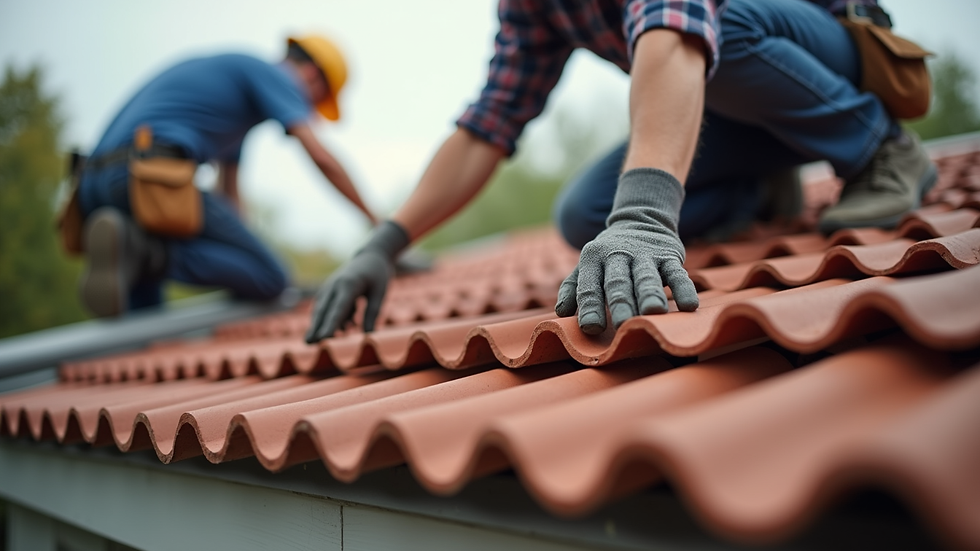 Close-up view of construction workers installing roofing tiles on a house