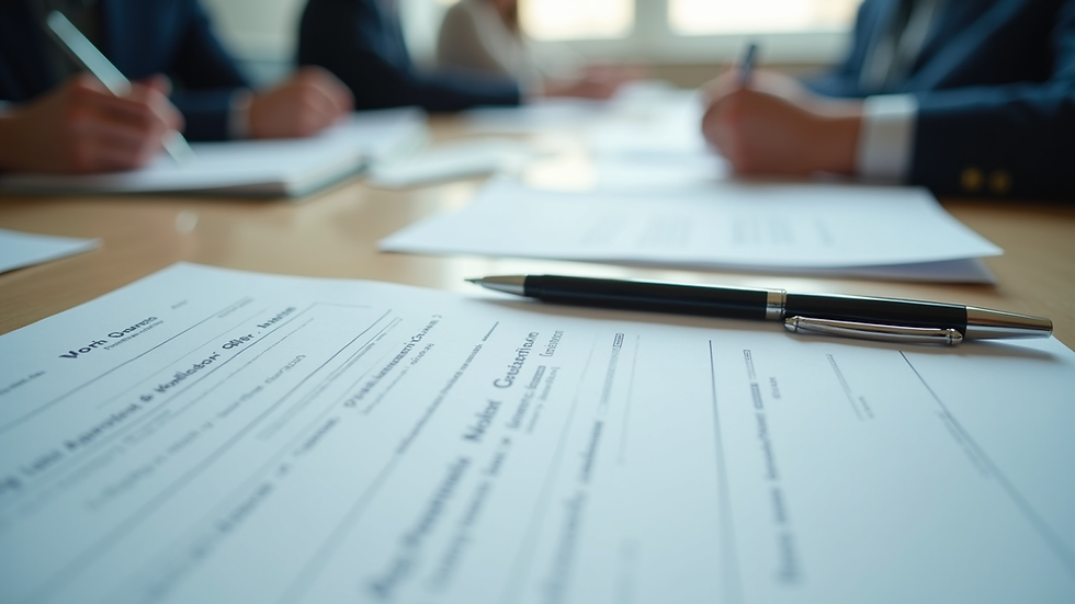 Close-up view of a registration table with forms and pens