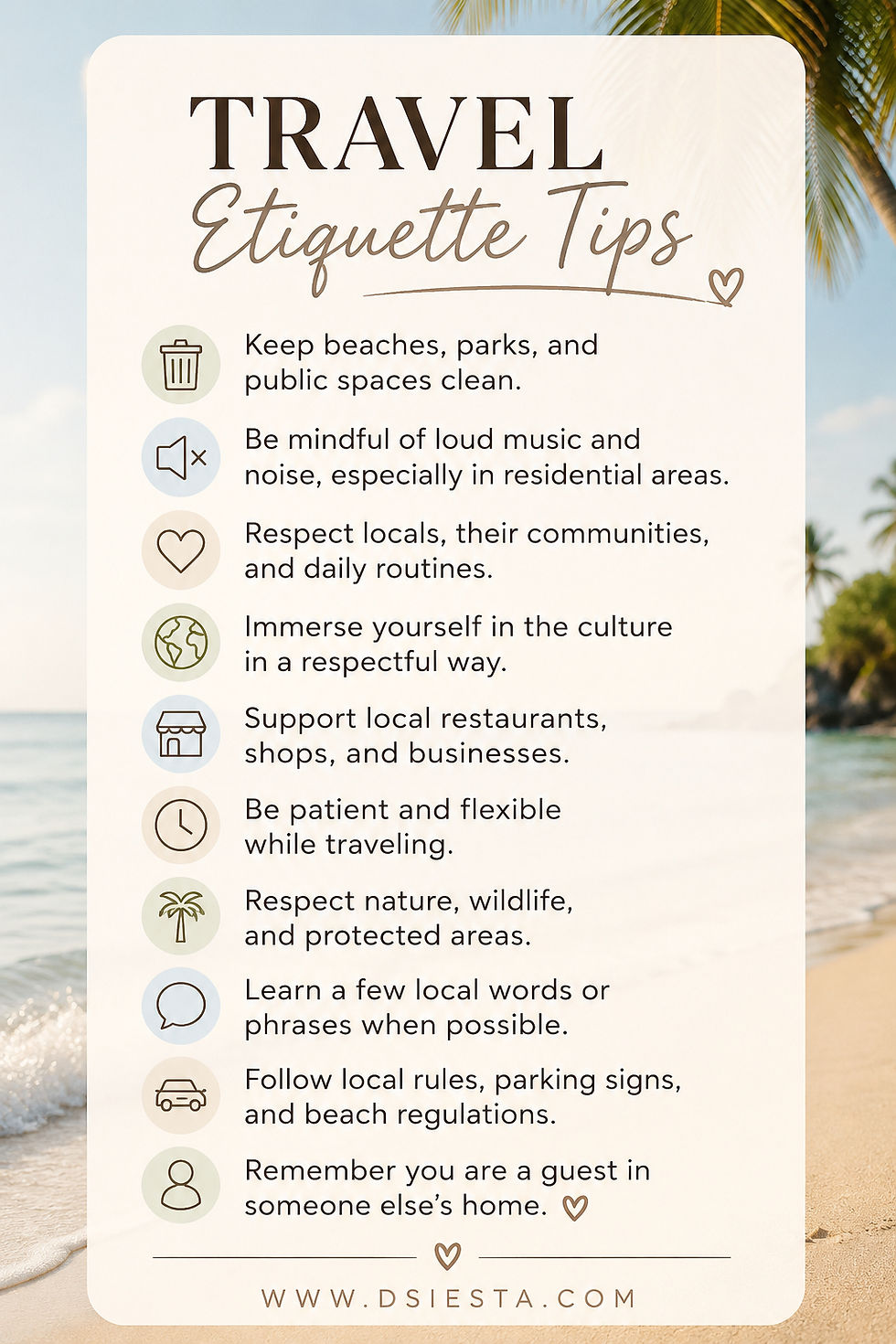 Travel etiquette tips listed on a serene beach background with palm trees. Tips include keeping spaces clean and respecting locals.