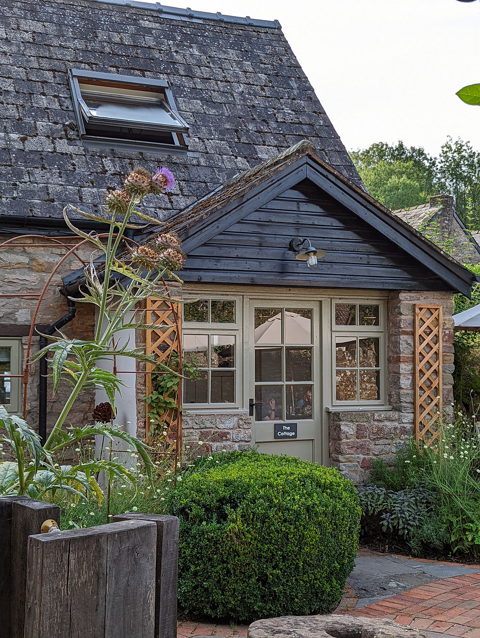 Stone cottage with slate roof, surrounded by greenery and purple flowers. "The Cottage" sign on door. Calm and rustic atmosphere.