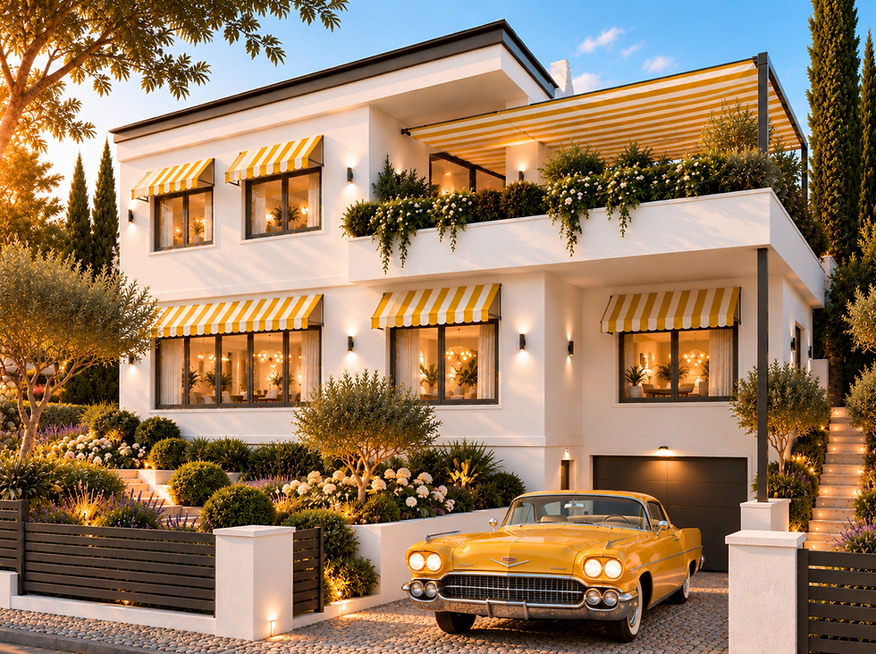 Retro-Luxusvilla mit gelbem Oldtimer