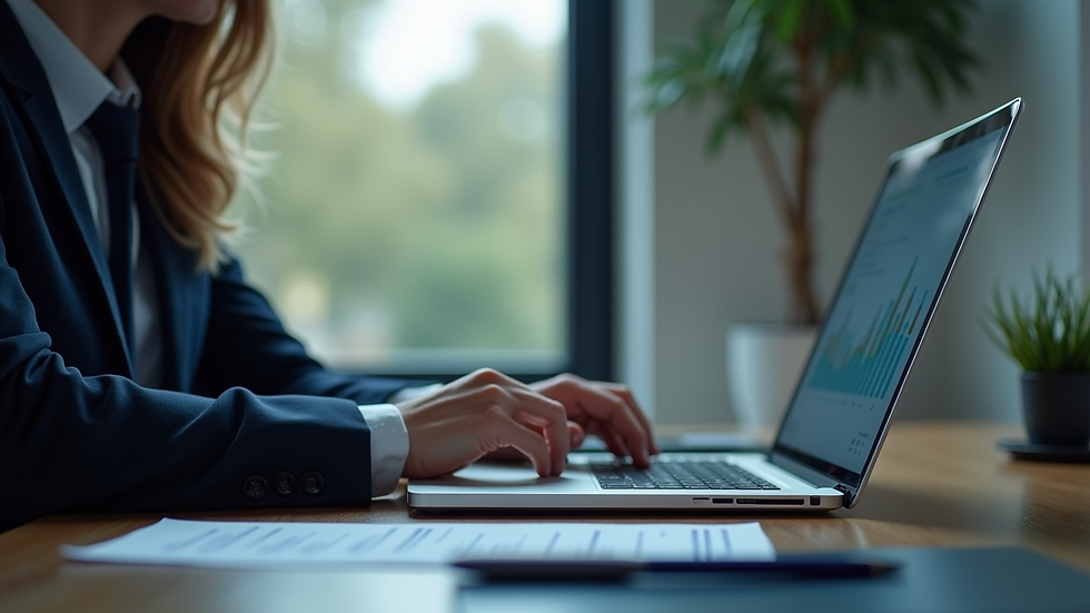 Eye-level view of a business professional analyzing data on a laptop