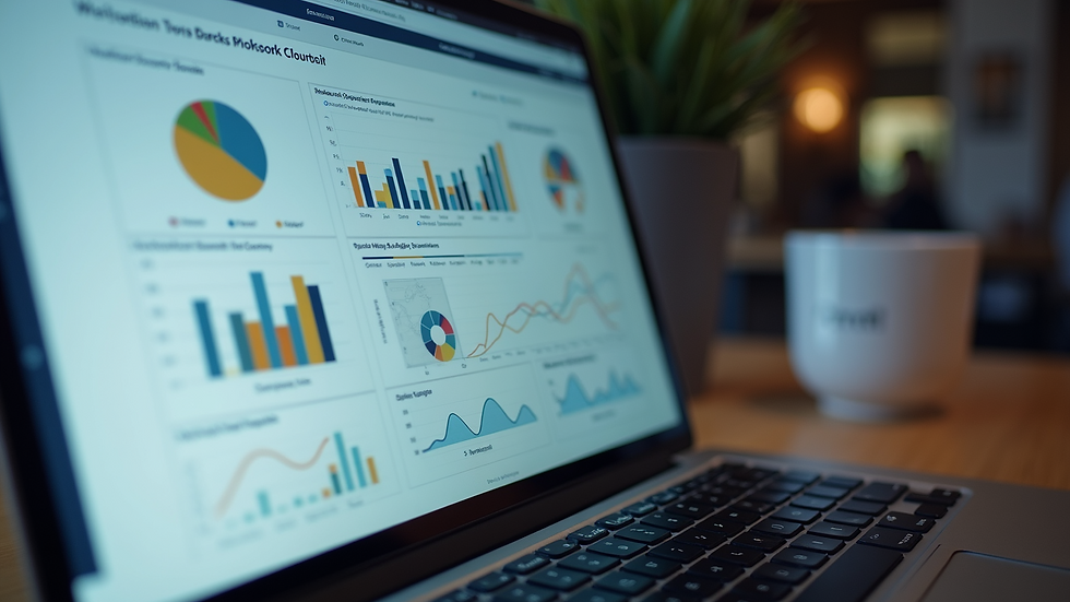 Close-up view of a laptop screen showing workflow automation software with charts and graphs