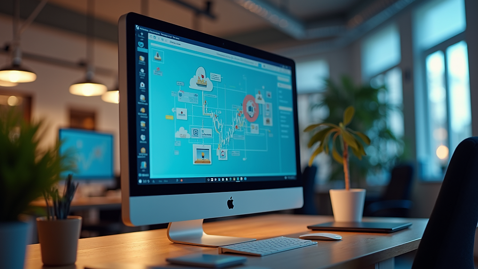 Eye-level view of a modern office workspace with a computer and automation software on screen