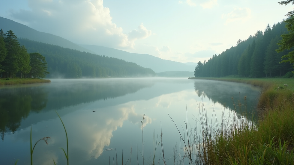 Close-up view of a serene landscape with a tranquil lake