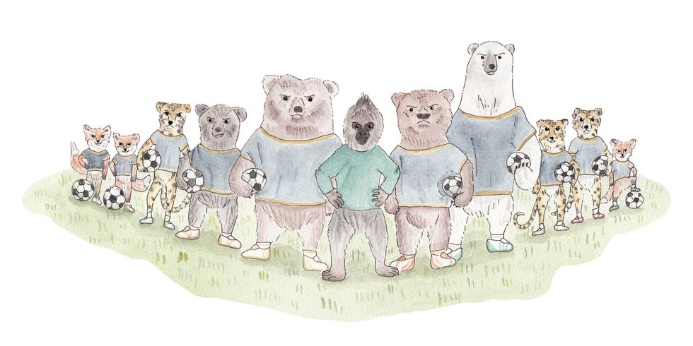 watercolor illustration, soccer team illustration, childrens book illustration, kid lit, watercolor artist