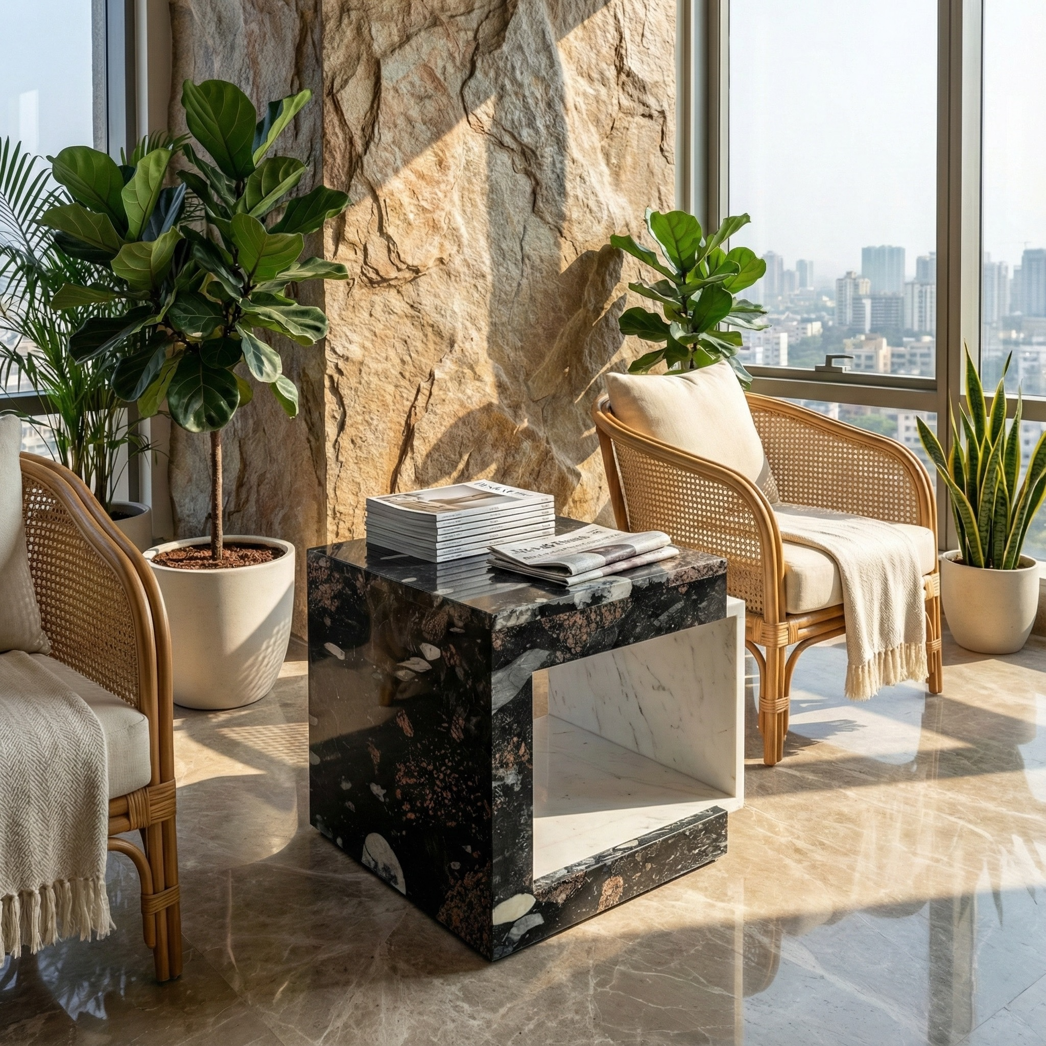 A granite and composite marble side table. The granite outer shell houses a box style composite marble shape within it to be able to hold books, magazines and newspapers.