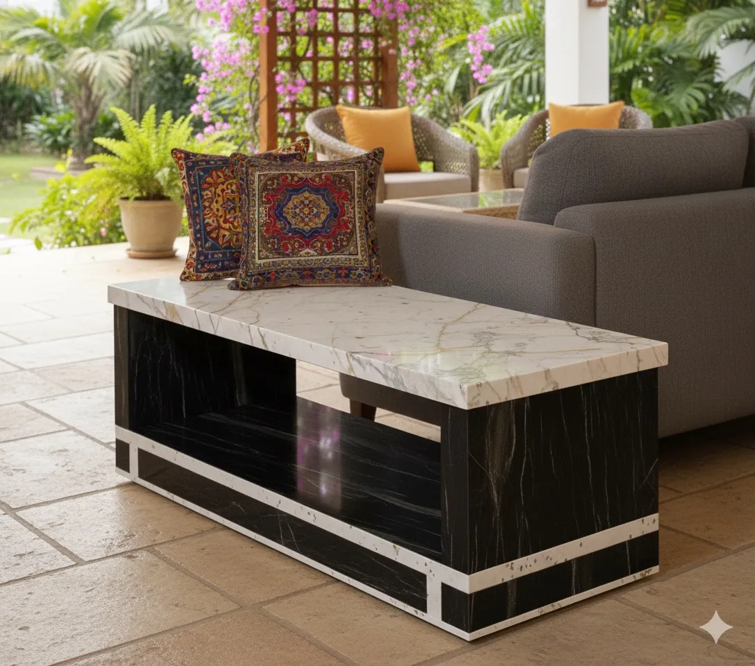 A marble and granite table with Indian marble used as table top, granite used as main frame and composite marble used as inlay border in the bottom for modern look