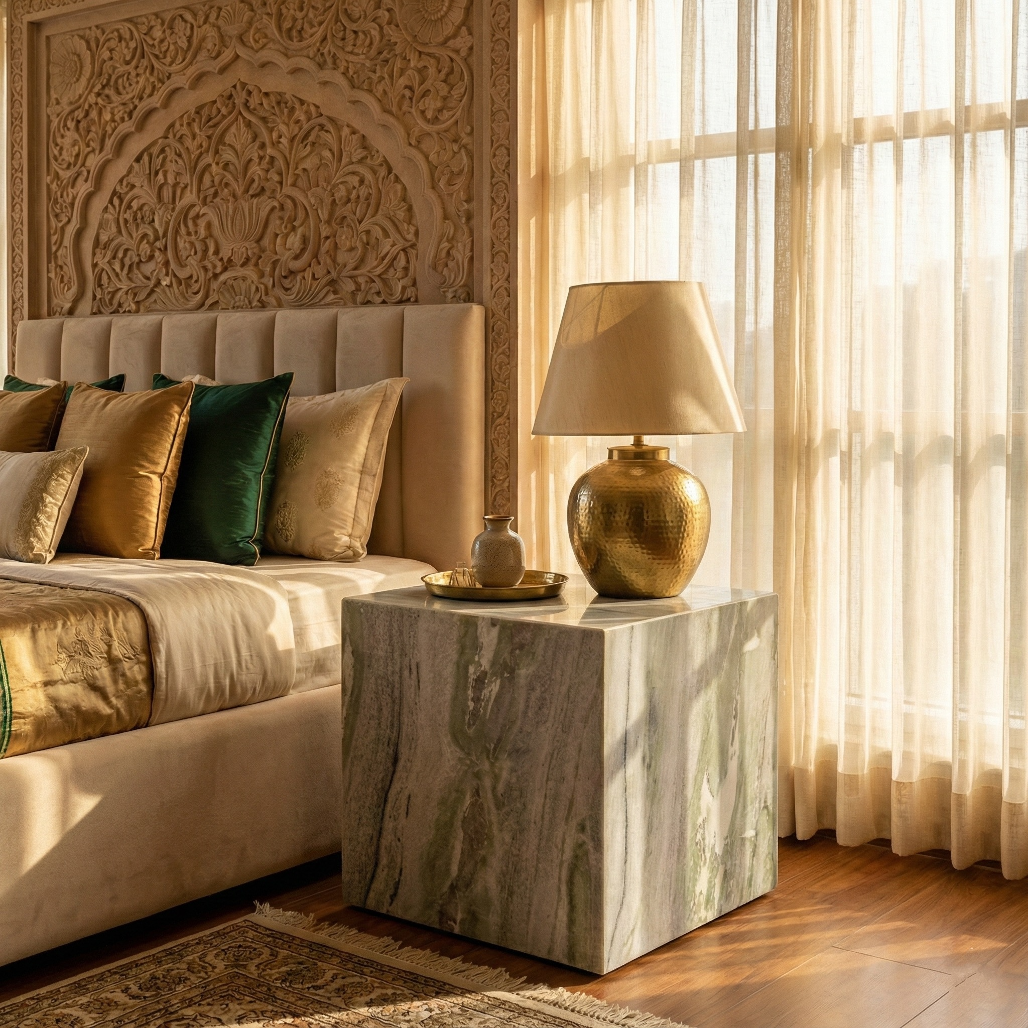 A bedside table with bronze lamp and other decor items on top made by Ekaara to give that extra oomph to the luxury