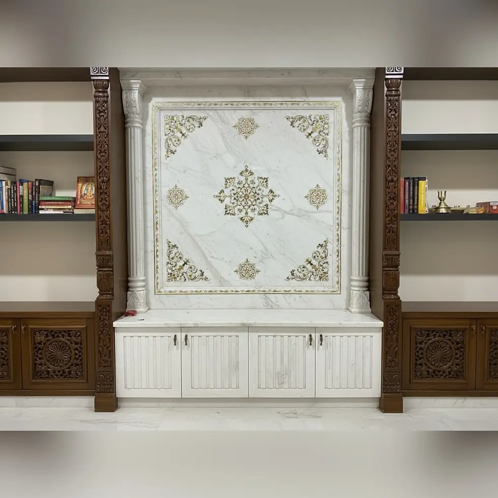 Ornate marble wall back panel with intricate gold patterns. This floral pattern brings grandiose to your Mandir set-up.