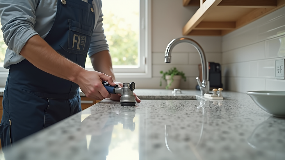 Eye-level view of professional installer fitting granite countertop in kitchen