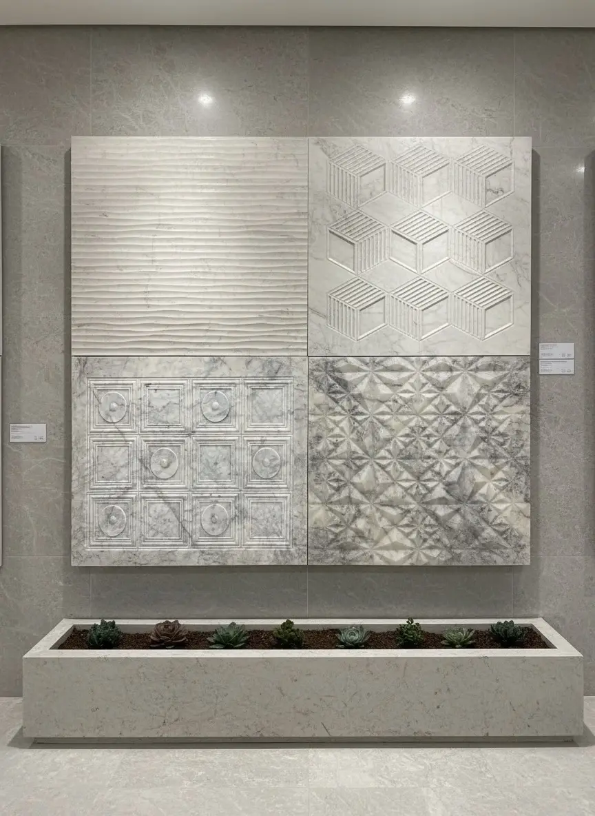Eye-level view of a wall featuring geometric CNC stone panel designs