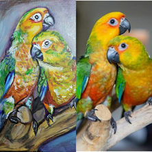 Colorful love bird painting. Two Yellow Green and Red Love Birds cuddle on a branch. 