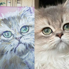 IWhite and grey fluffy kitten up close face portrait with green eyes original 6 x 6 acrylic painting
