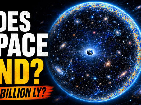 Observable universe shown as an expanding cosmic sphere with the question of whether space has an edge.