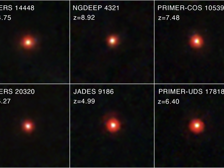 Six James Webb Space Telescope little red dots shown in a two-row NIRCam mosaic, each as a compact reddish source against black space.