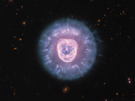 James Webb Space Telescope infrared view of the Lion Nebula NGC 2392, showing its white dwarf, ionized gas bubbles, shells, and dust mane.
