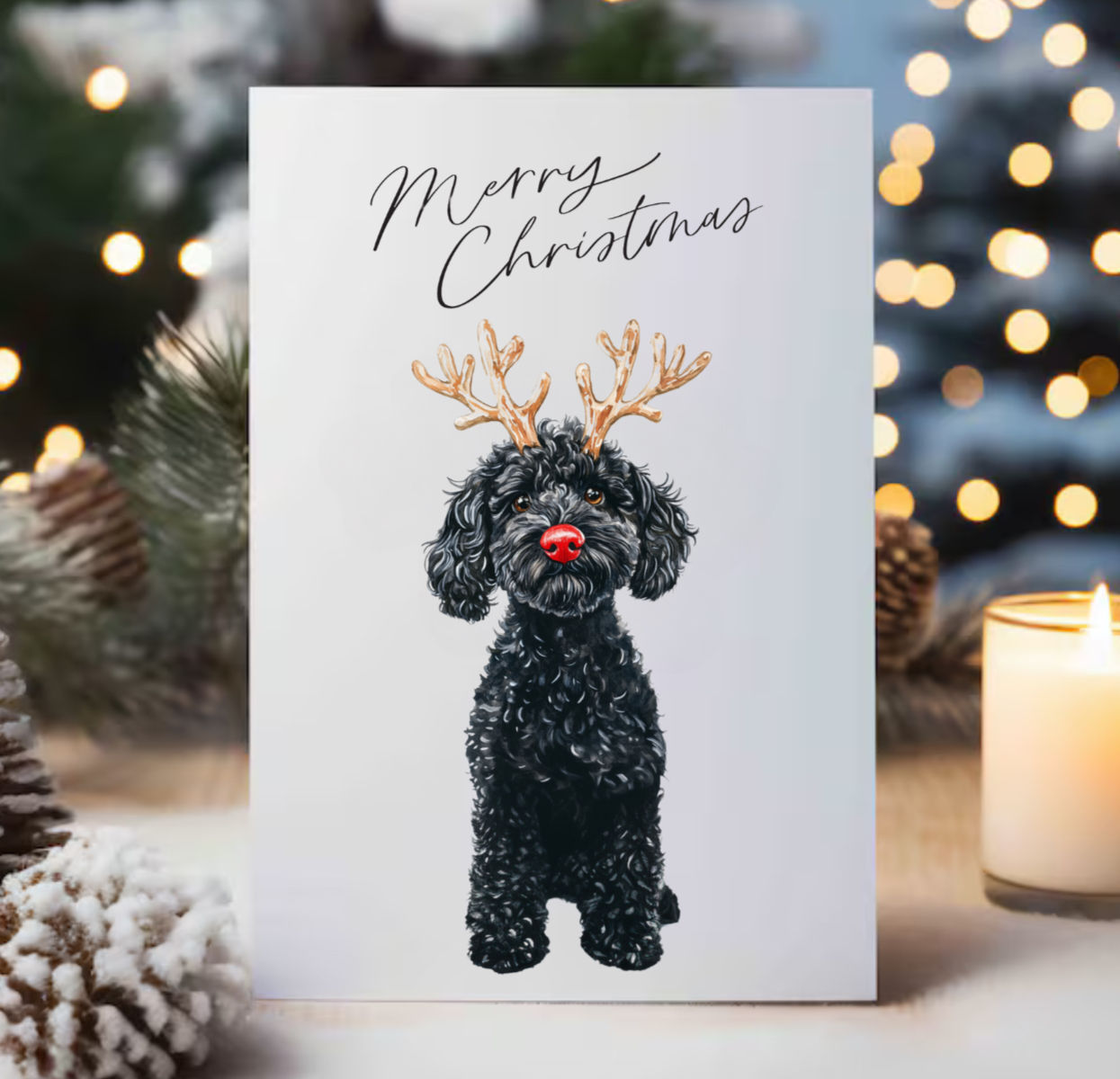 Adorable Cavoodle dog holiday card with antlers and shiny red nose, blank inside