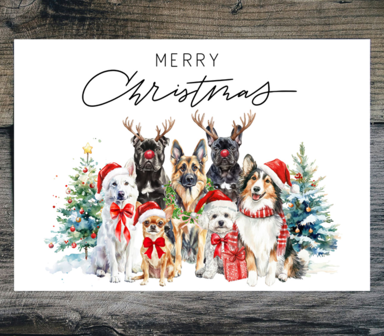 Festive holiday card featuring multiple dog breeds dressed in Christmas outfits