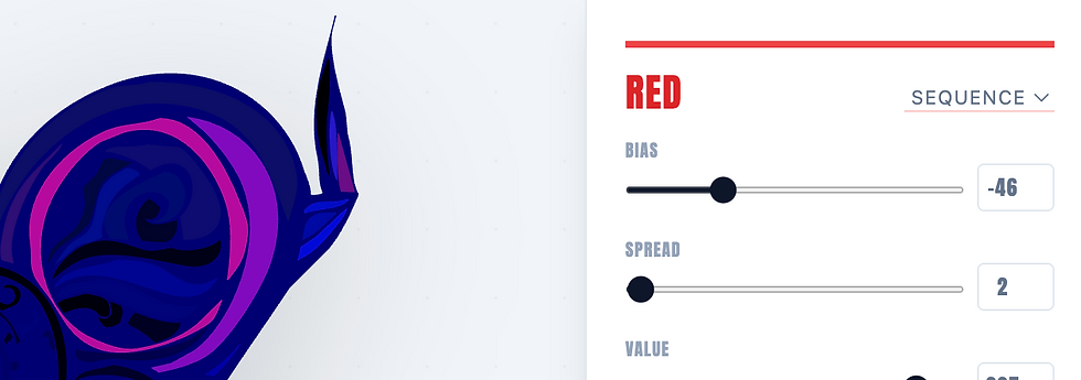 Abstract dark blue and pink swirl on left; color control panel on right with "RED" text and sliders for Bias (-46) and Spread (2).